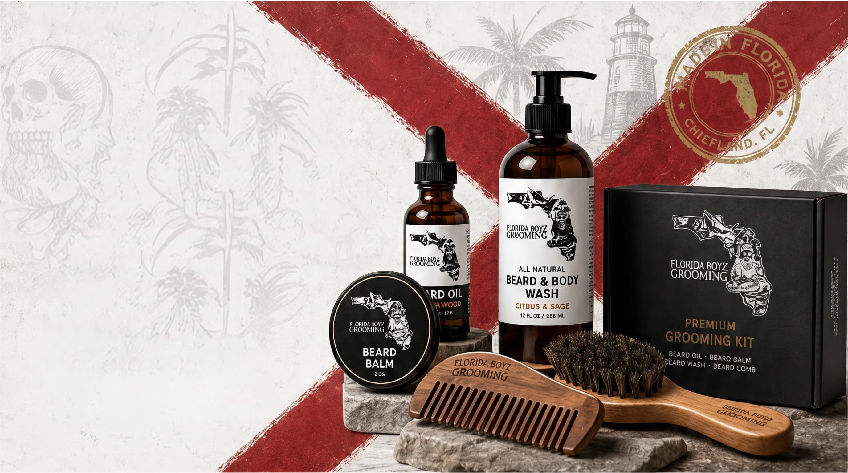 Florida Boyz Grooming product lineup - beard oil, beard balm, beard & body wash, comb, brush, and premium grooming kit